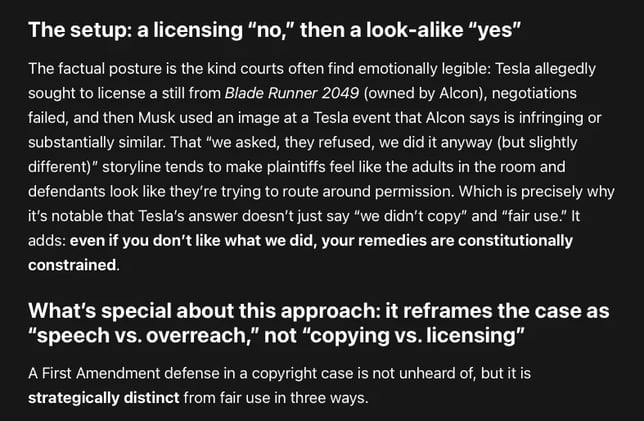 Elon Musk, Tesla, and Warner Bros. Discovery are teeing up the First Amendment as a front-of-house defense—explicitly placing it ahead of fair use.