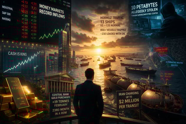 The Public Is Buying the Story While the Plumbing Breaks: Bubble-Level Equity Allocation, Panic-Level Cash Flows, 23 Months of Gold Buying, and a Functionally Shut Hormuz