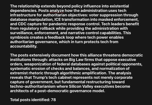 The analysis reveals that Trump’s tech cabinet represents not merely corporate capture of government, but fundamental restructuring toward techno-authoritarianism...