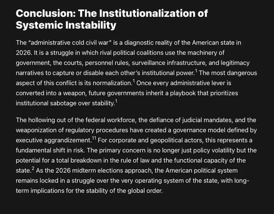The administration has launched an "administrative cold civil war" using 255 executive orders and the reclassification of up to 50,000 federal roles to centralize power and bypass...