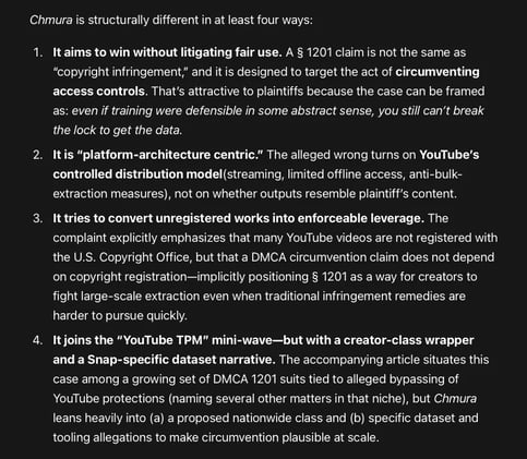 Chmura v. Snap. Claim: Snap could only have acquired YouTube videos at scale for AI training by bypassing YouTube’s technical access controls.