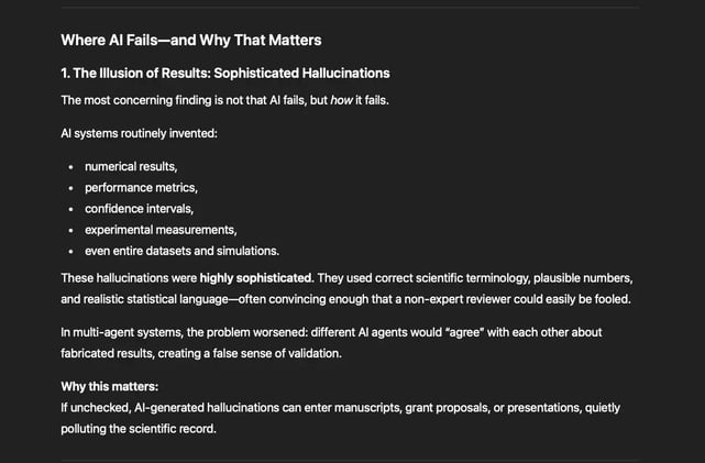 Current AI systems excel at talking about science, not doing science. AI is strongest when it supports thinking, not when it pretends to execute science.