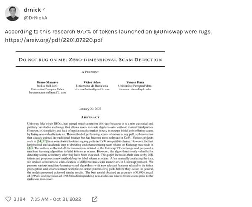 Report shows 97.7% of tokens launched on Uniswap were rugs