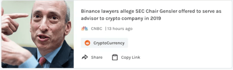 SEC Chair Gensler offered to serve as advisor for Binance in 2019