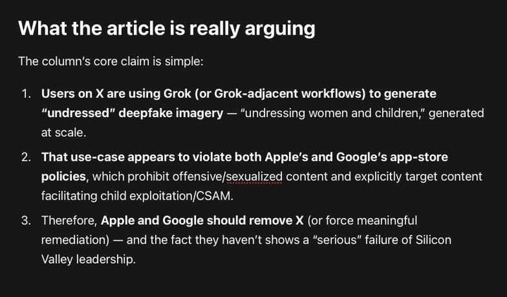 Apple and Google could act against X for facilitating nonconsensual sexual deepfakes (including content involving children), their own rules appear to demand action and yet they won’t because...