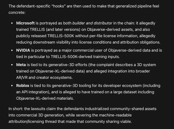 Defendants allegedly built (or powered) commercial generative-3D systems using 3D assets harvested via large research datasets—especially Objaverse-XL and a derivative subset called TRELLIS-500K...