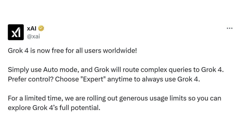 xAI makes Grok 4 free for all users worldwide
