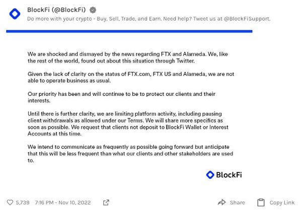 BlockFi halts withdrawals and can no longer operate business as usual