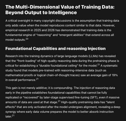About the Mensch proposal: "A critical oversight in many copyright discussions is the assumption that training data only adds value when the model reproduces content similar to that data."