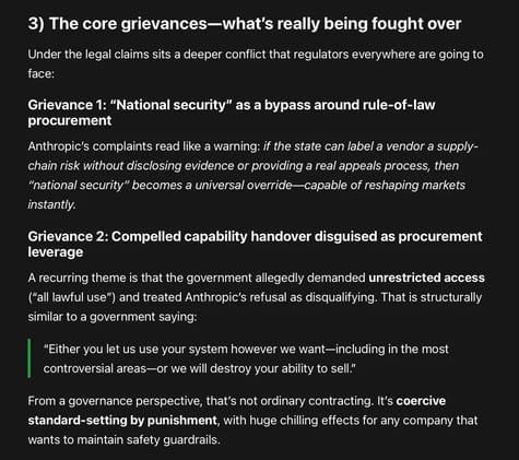 Two lawsuits filed by Anthropic: stopping the U.S. government from effectively blacklisting Anthropic from federal—and, by knock-on effects, commercial—markets.
