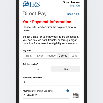 IRS Direct Pay taxes with organs