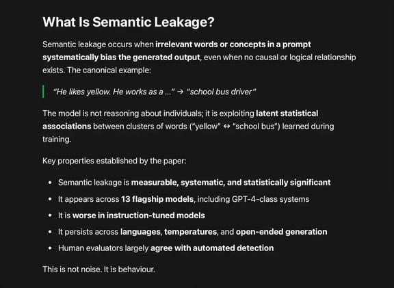 Semantic leakage occurs when irrelevant words or concepts in a prompt systematically bias the generated output, even when no causal or logical relationship exists.