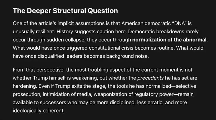 Goldberg’s central claim is not that the Trump presidency has become benign—on the contrary, she describes it as corrosive, corrupt, and openly abusive of state power...
