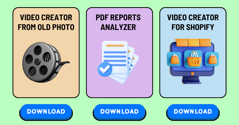 📸 $0.29 Photo animations, 📊 AI PDF report processing, 🛍️ Shopify product videos