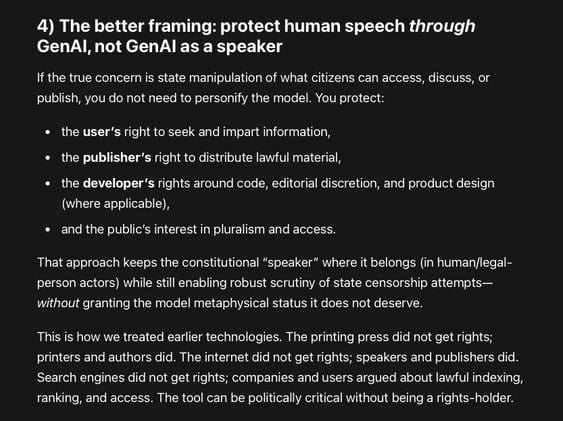 ChatGPT analyzes Marco Bassini's views: If you declare GenAI output “free speech,” you don’t just protect democracy against censorship. You also create an all-purpose deregulatory weapon...