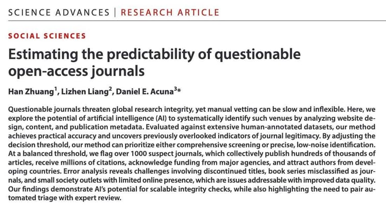 Zhuang et al. developed an artificial intelligence (AI) system that analyzes scientific journal websites using a combination of website content, website design, and bibliometric metadata.