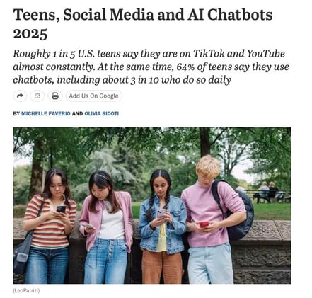 Pew study: Teens are adopting these AI tools rapidly and using them intensely—a trajectory with profound implications for safety, equity, mental health, and the future of learning.