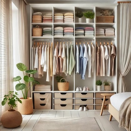 DIY Open Wardrobe Organisation Ideas for a Bright Bedroom with Light and Airy Window Curtains