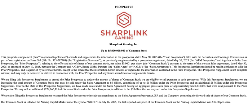 SharpLink Adds $1.1B ETH, Plans $6B Stock Sale
