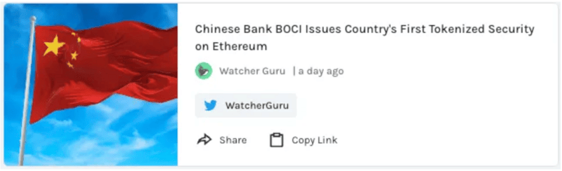Chinese Bank issues Country's first tokenized security on Ethereum