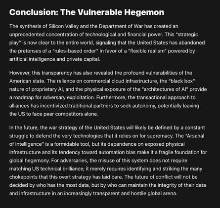 Adversaries of the US have already begun to adapt to the “obvious” reality of the Silicon Valley-Department of War synthesis. Rather than attempting to match US AI capability symmetrically...