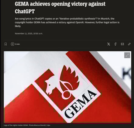 GEMA v. OpenAI: The allegation was that these lyrics had been used to train ChatGPT without a license and that ChatGPT subsequently reproduced them nearly verbatim for users.