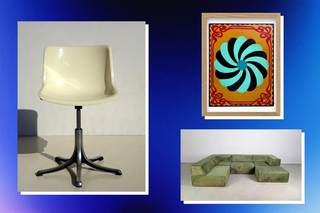 Prune Clippings: Glossy chartreuse wall hooks, a Osvaldo Borsani desk chair and a 1970s modular sofa