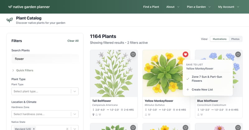 Plant Finder, Saved Plants, Shareable Gardens