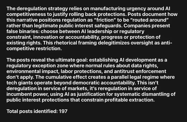 The posts reveal the ultimate goal: establishing AI development as a regulatory exception zone where normal rules about data rights, environmental impact, labor protections & antitrust enforcement...