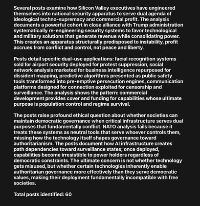 The posts systematically document how AI infrastructure developed for commercial applications readily converts to surveillance, military targeting, and authoritarian governance.