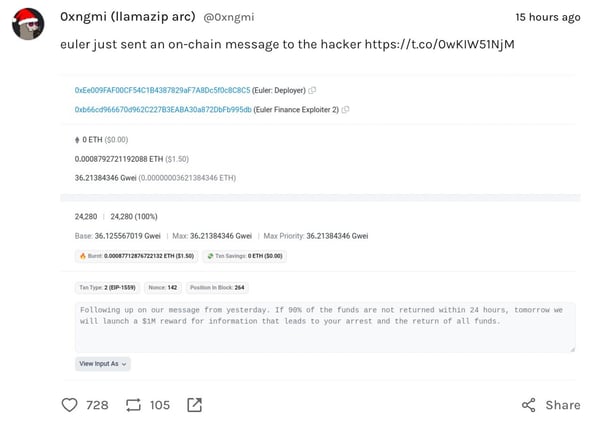 Euler messages hacker on-chain