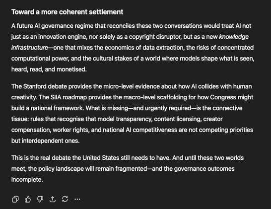The Stanford debate provides micro-level evidence about how AI collides with human creativity. The SIIA roadmap provides the macro-level scaffolding for how Congress might build a national framework.