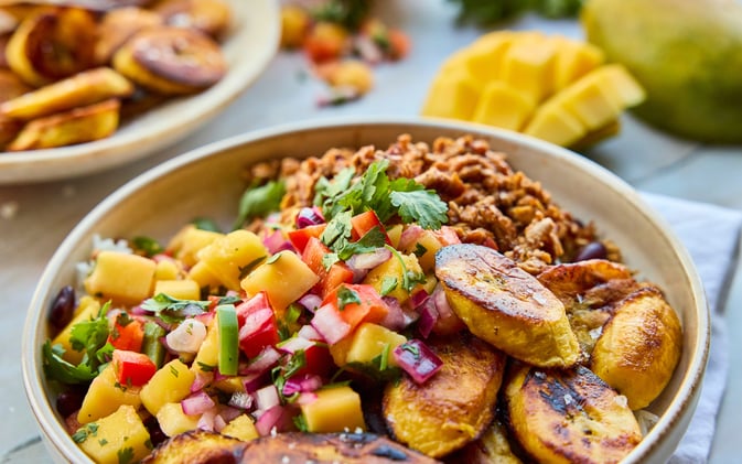 Jerk Shredded Tofu Bowls with Mango Salsa