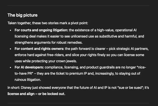 Disney just showed everyone that the future of AI and IP is not “sue or be sued”; it’s license and align – or be locked out.