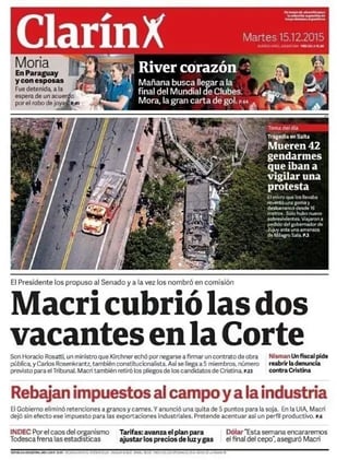 La «benévola» tapa de Clarín con la designación de Macri de los jueces de la Corte