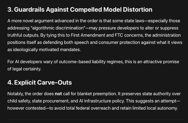 The executive order Ensuring a National Policy Framework for Artificial Intelligence seeks to curtail state-level AI laws through litigation, funding leverage, and eventual federal preemption.