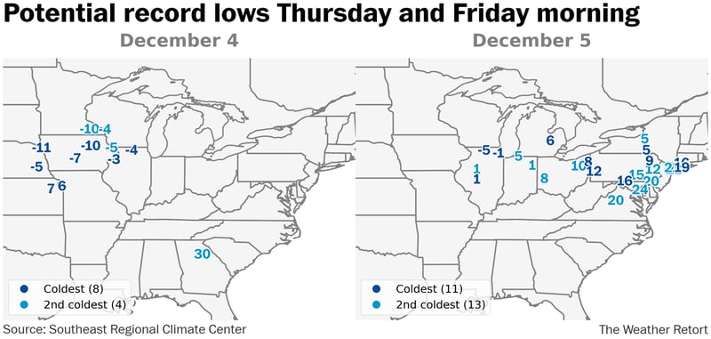 Record cold from the Midwest to East Coast on Thursday and Friday 