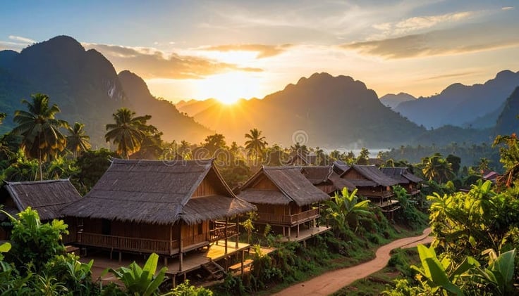 A Peaceful Sunset in the Villages of Laos
