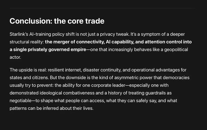 Starlink may collect not just account/billing/performance data but also ‘communication information’ and ‘inferences.’” What govts should do (if they don’t want “connectivity sovereignty” to be a joke)
