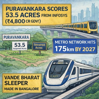 🚀 Puravankara Scores 53.5 Acres from Infosys (₹4,800 Cr GDV!) + Metro Network Hits 175 km by 2027 + Vande Bharat Sleeper Made in Bangalore