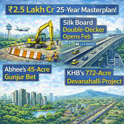 🚧 ₹2.5 Lakh Cr 25-Year Masterplan! + Silk Board Double-Decker Opens Feb + Abhee's 45-Acre Gunjur Bet + KHB's 772-Acre Devanahalli Project