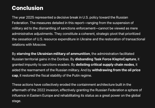 The year 2025 represented a decisive break in U.S. policy toward the Russian Federation. These actions have collectively eroded the containment architecture built in the aftermath of the 2022 invasion