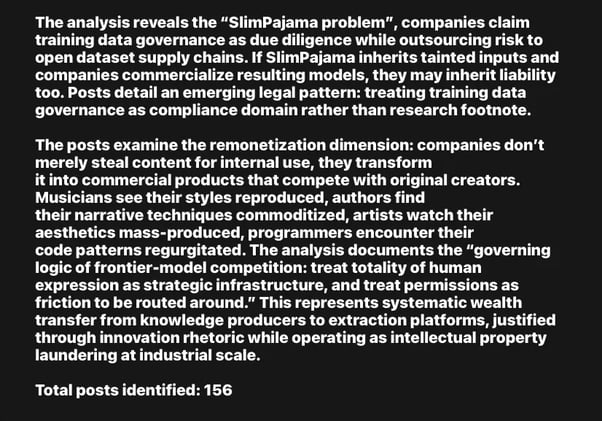 The analysis documents the “governing logic of frontier-model competition: treat totality of human expression as strategic infrastructure, and treat permissions as friction to be routed around.”
