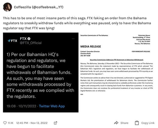 FTX insiders faked Bahamian orders to withdraw funds. 