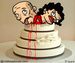 Decoran torta de casamiento con imitación de sus cabezas degolladas