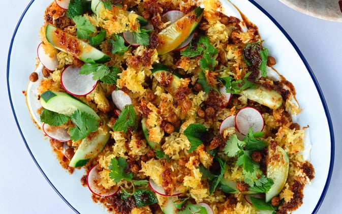 Saffron Crispy Rice Salad with Harissa Vinaigrette