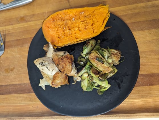 Roast Chicken With Brussel Sprouts And Sweet Potato