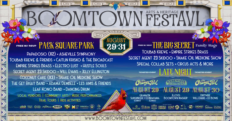 FREE FESTIVAL! | Papadosio (x2) + Gramatik + Dirtwire + Toubab Krewe (x2) + Asheville Symphony + many more! | Boomtown Arts & Heritage FestAVL | August 29-31, 2025 | Asheville, NC 