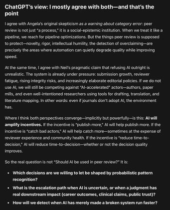 AI will force the industry to decide what peer review is for. If peer review is primarily a throughput mechanism for career signaling, AI will perfect the factory.