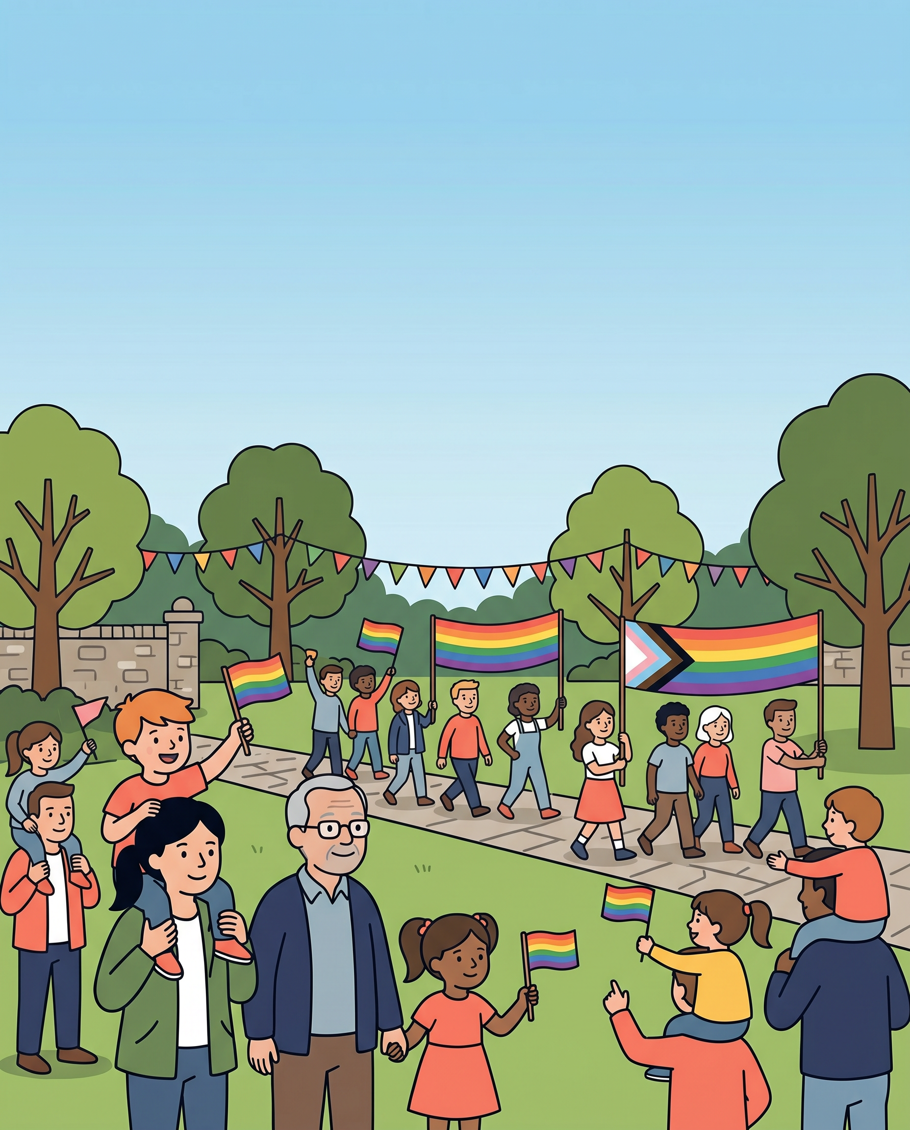 Illustration of families watching the Exeter Pride parade in Northernhay Gardens